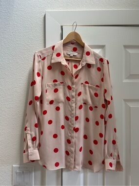 LOFT Pale Pink Blouse with Red Polka Dots